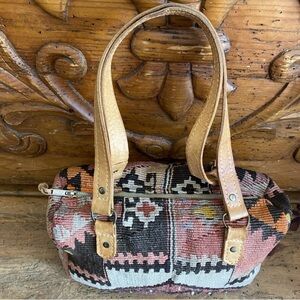 Turkish Kilim Rug Carpet Handbag Satchel Purse Leather Arabesque Design